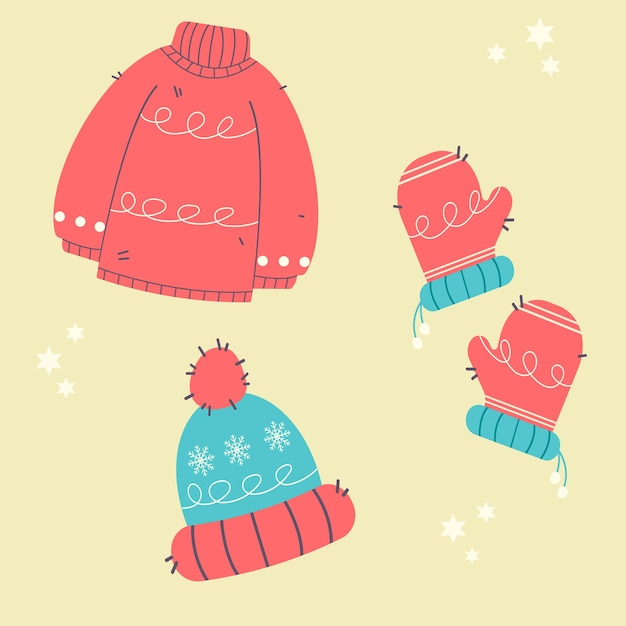 Winter clothes Jumper mittens hat socks in blue and red