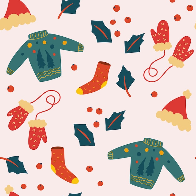 Winter Clothes Seamless pattern. Christmas sweaters, hat, mittens and knitted socks. Christmas wrapping, wallpaper, fabric and textile. Vector cartoon background.