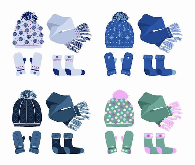 Winter clothes set Sweater socks boots scarf mittens hat Vector flat illustration