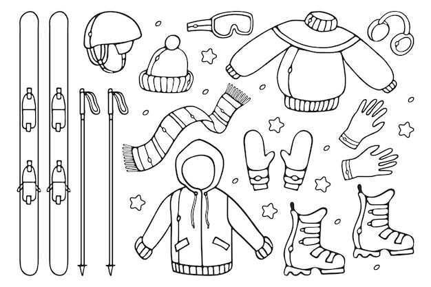 Winter Clothes Sport Equipments for skiing Outline Doodle Set for Coloring book Premium vector