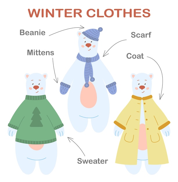 Winter clothing education poster. Cute polar bear in various clothes with English words.