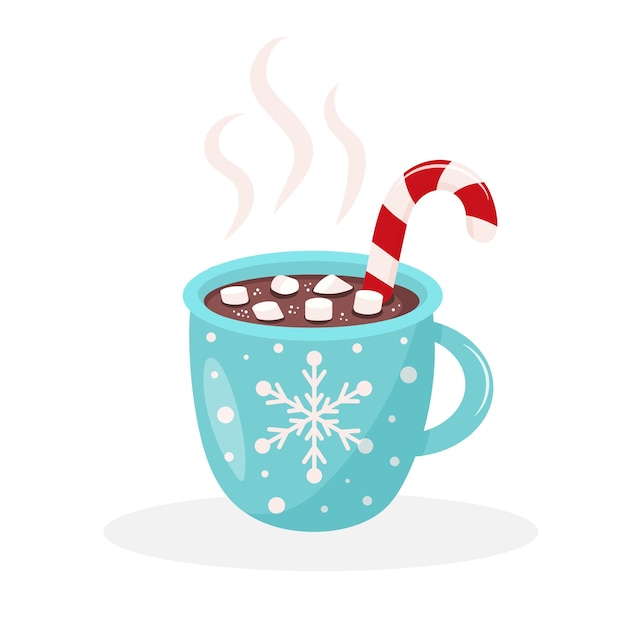 Winter coffee mug with snowflake ornament steam marshmallows and candy cane Christmas hot drink