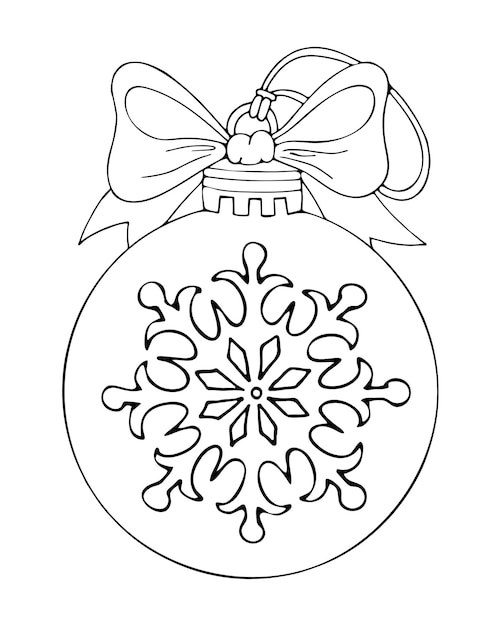 Winter coloring page toy ball Christmas tree decoration with patterns and ribbon bow Hand drawn vector thin line art illustration Coloring book for children and adults Black and white sketch