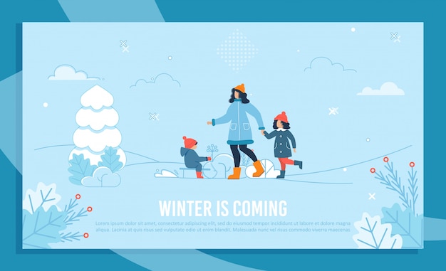 Winter Coming Text Banner with Happy Mom and Kids