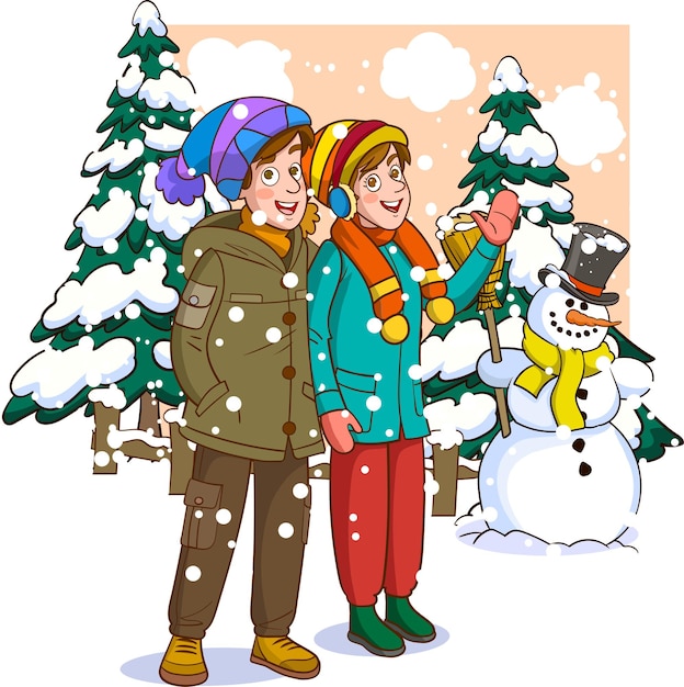 Winter. Couple outdoors in the snow. Flat design vector illustration.