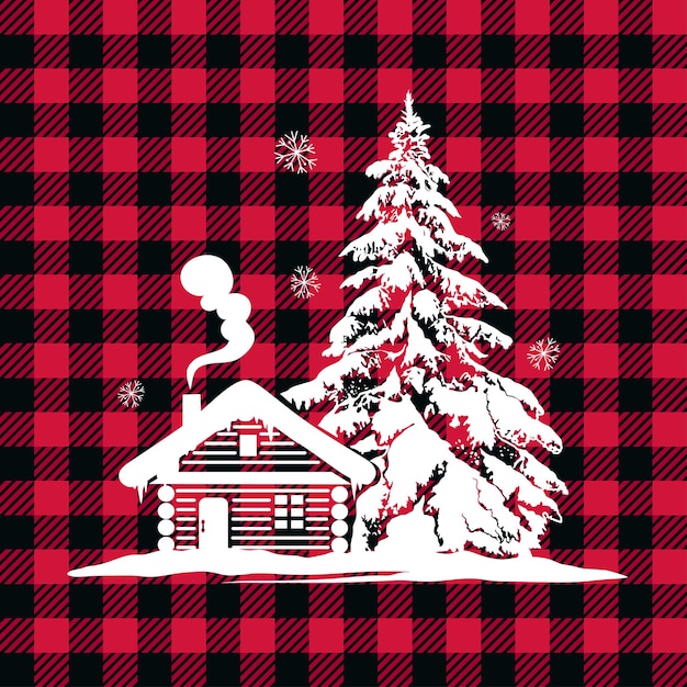 Winter cozy cabin and snowy spruce White silhouette on Buffalo plaid background   Christmas card