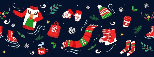 Vector winter cozy pattern banner with warm clothes and festive elements.