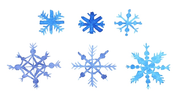 Winter crystal snowflakes in blue watercolor collection Symbol of snow blizzard painted with brush Set of decor element for christmas new year in aquarelle Vector isolated illustration