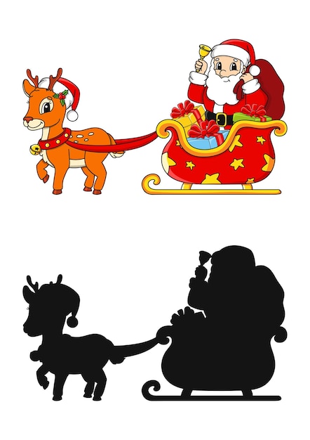 Winter deer with sleigh santa claus with gift Black silhouette