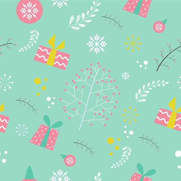 Winter design. Cute seamless pattern with decorated gifts and leaves.