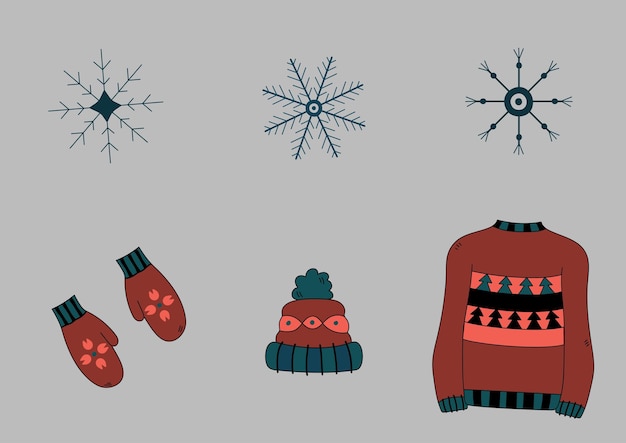 Winter doodles isolated set. Hand drawn vector snowflakes, sweater, mittens, hat