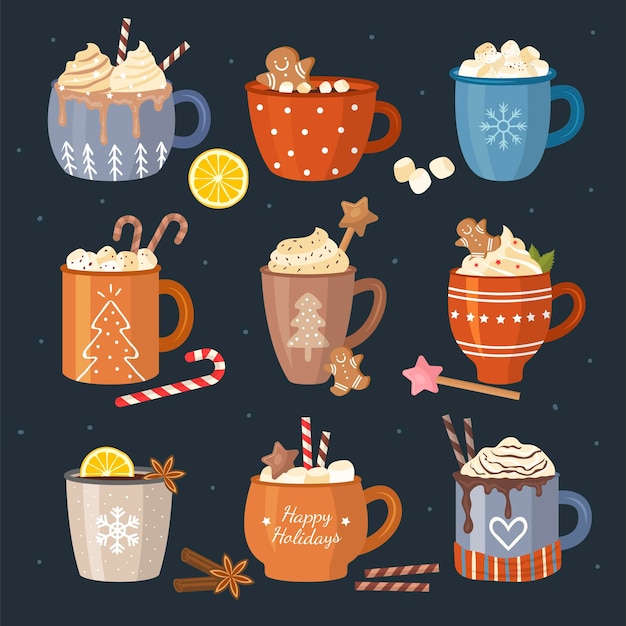 Winter drinks Beverages christmas celebration liquid food coffee tea cappuccino with marshmallows decorative mugs recent vector flat illustrations