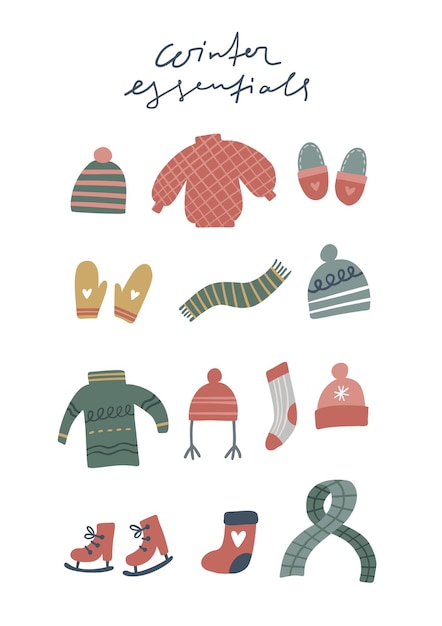 Winter essentials. Christmas card. Hand drawn illustration in cartoon style