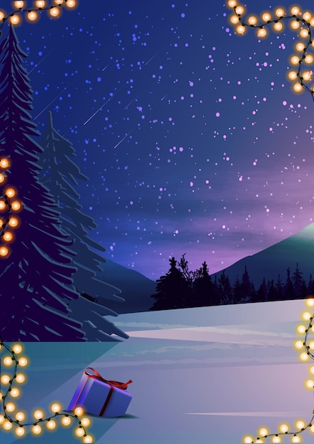 Vector winter evening landscape with pine forest, starry sky and gifts in the snow. vertical illustration