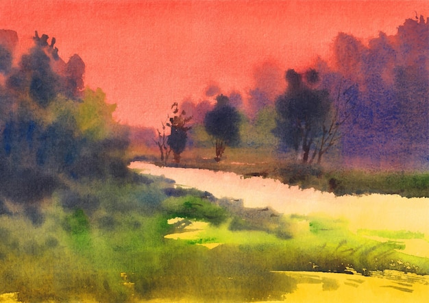 Winter evening watercolor landscape paint