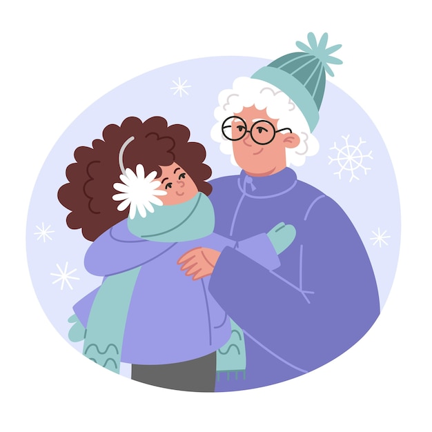 Winter family portrait grandmother and granddaughter in flat style