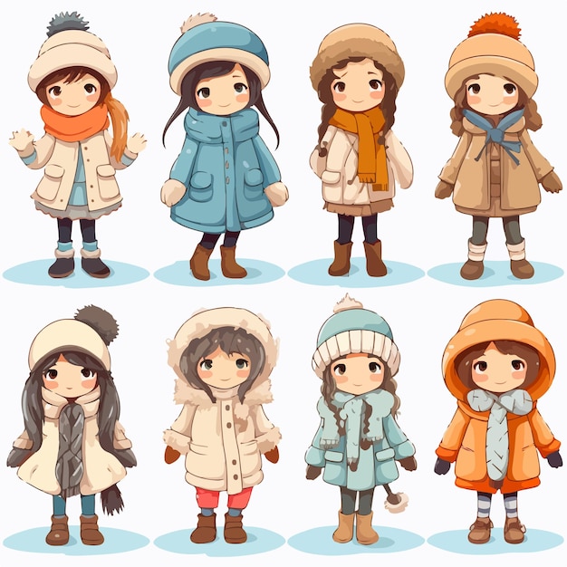 Vector winter fashion illustration of a girl in various outfits