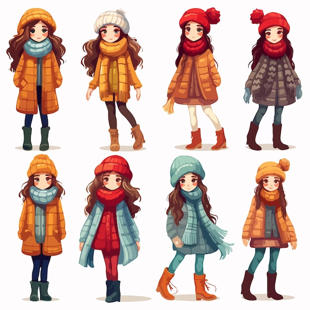 Vector winter fashion illustration of a girl in various outfits