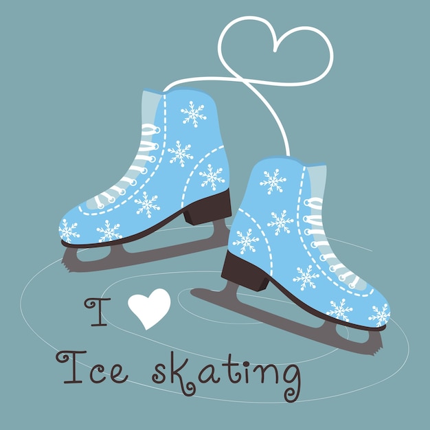 Winter figure skates decorated with snowflakes and lacing heart. I love ice skating text. Vector illustration.