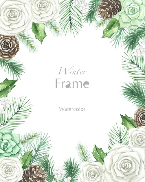 Winter Floral frame with white roses succulents spruce branches