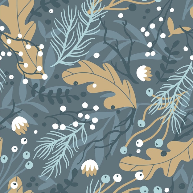 Winter floral seamless pattern Dead deciduous and coniferous plants dry branches  handdrawn