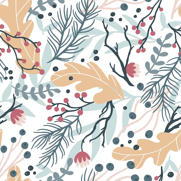 Winter floral seamless pattern Dead deciduous and coniferous plants dry branches