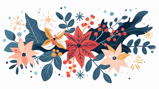 Winter Flower and Leaf Background with Snowflakes