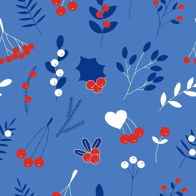 Winter forest berries and plants seamless pattern vector illustration hand drawing red blue and white colors