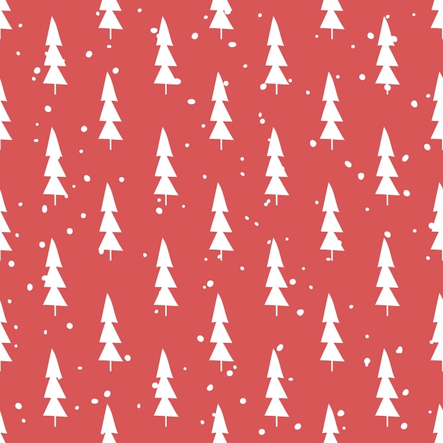 Winter forest, Christmas trees. Christmas seamless pattern. Red background.