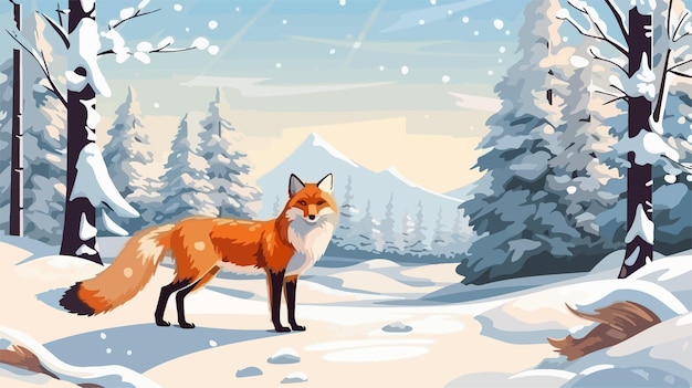 Winter Forest Landscape with Cartoon Fox in Snow