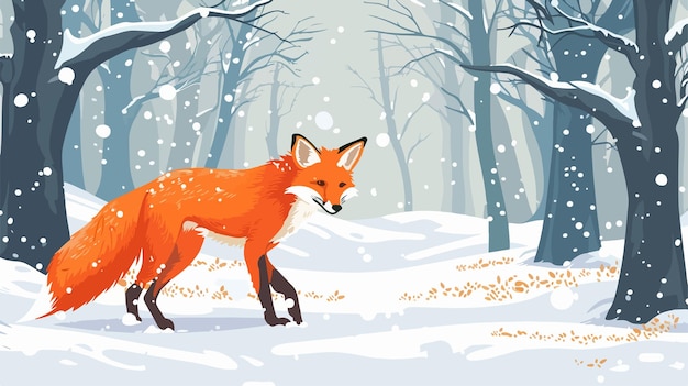 Vector winter forest landscape with fox in the snow vector illustration