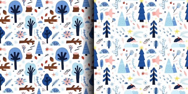 Winter forest seamless pattern Snowy different trees frozen berries blue branches and cones snowflakes Hand drawn New Year and Christmas decor textile wrapping paper wallpaper nursery vector