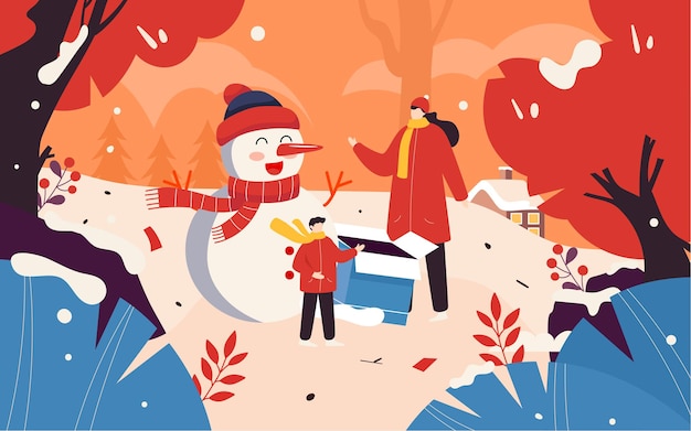 Winter forest snow scene characters playing illustration winter outdoor activity poster