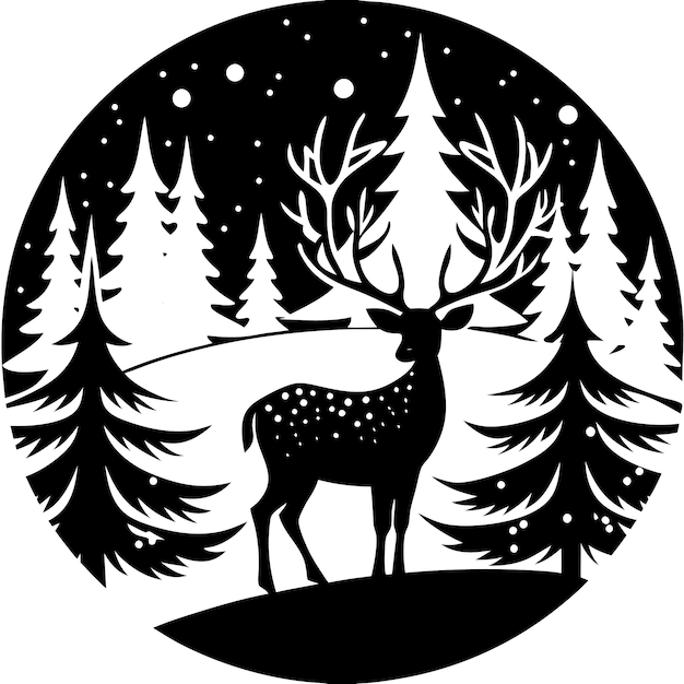 Winter Forest Wildlife Reindeer Black Vector Art Illustration