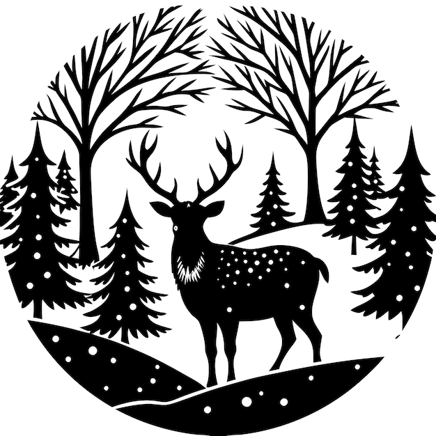 Winter Forest Wildlife Reindeer Black Vector Art Illustration