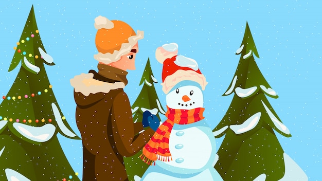 Vector winter fun man build snowman make carrot nose