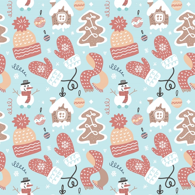 Winter fun seamless pattern. Traditional decorative Christmas theme.