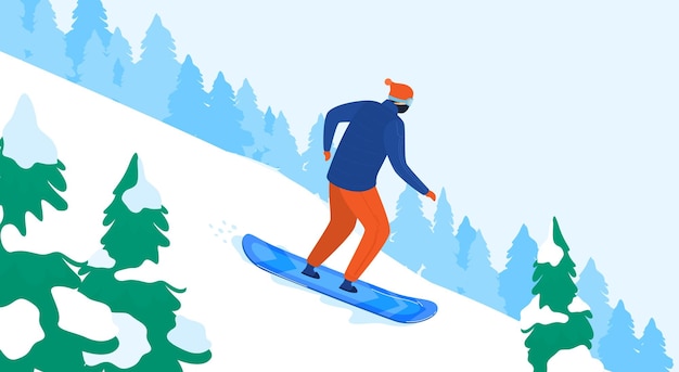 Winter fun snowboarding mountain snow cold season vacation man vacation design in cartoon style