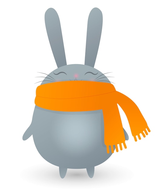 Winter gray rabbit wrapped in an orange scarf. Vector illustration