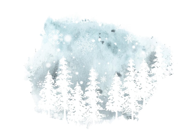 Winter hand-painted watercolor. Artwork spruce forest silhouette with snowflakes and snowfalls on stain splatter watercolor background.