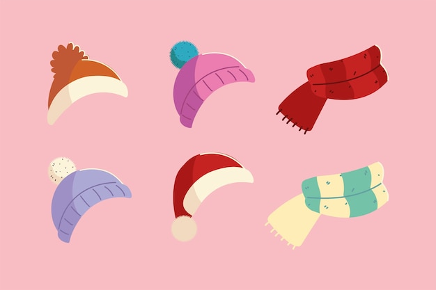 Winter hats and scarf knitted accessory clothes icons design