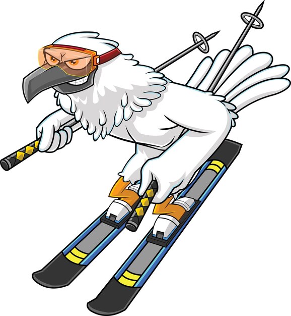 Winter Hawk Bird Cute Cartoon Character With Skis And Poles Goes Down. Illustration