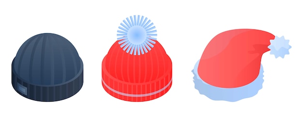 Winter headwear icon set, isometric style