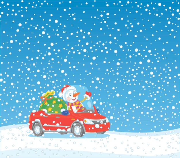 Winter holiday background with a funny toy snowman driving a red car with a large bag of sweet gifts