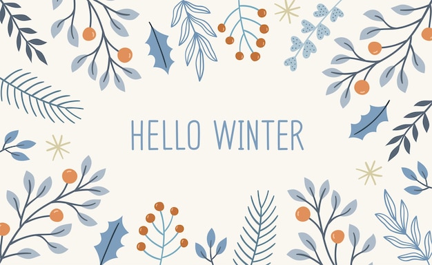 Vector winter holiday background with leaves plants and berries