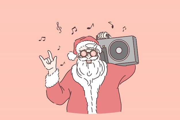 Winter holiday celebration . Stylish Santa Claus with boombox on shoulder, santa listening to music, showing rock n roll gesture, new year and Christmas party. Simple flat 