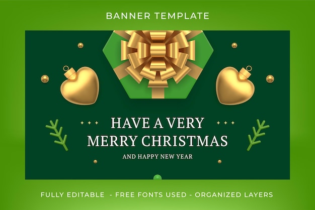 Winter holiday congrats banner template green gift box decorative bauble top view 3d icon vector