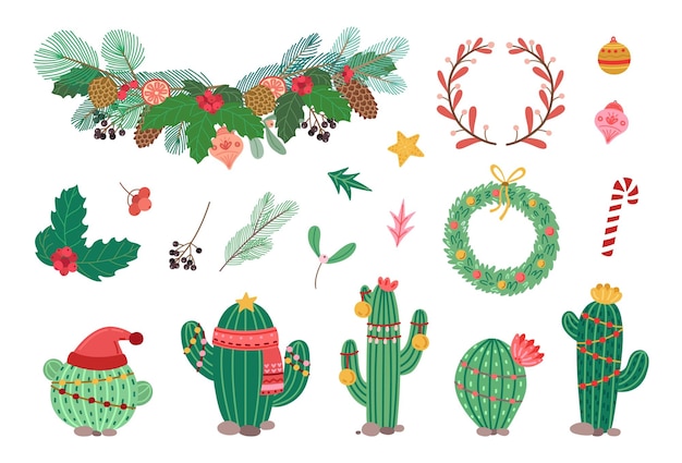 Winter holiday decorations Christmas wreath scandinavian style branches and xmas tree toys Leaves red berries and cacti with festive garlands vector clipart