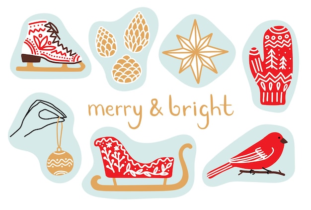 Winter holiday sticker set hand drawn design with merry and bright inscription for greeting card