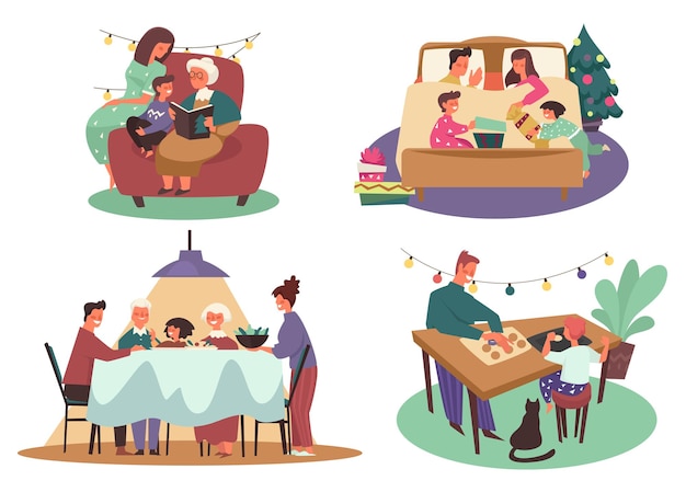 Winter holidays activity, family Christmas celebration, isolated icons vector. Parents or grandparents and children, reading book with grandmother. Exchanging presents, dinner and baking cookies